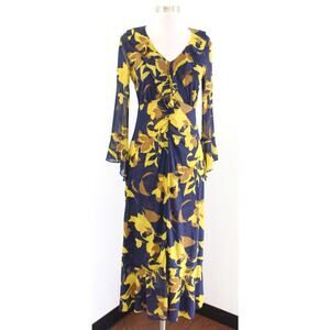 CAbi Midnight Dress Navy Blue Yellow Floral Mesh Ruffle Midi Maxi Size XS 4242